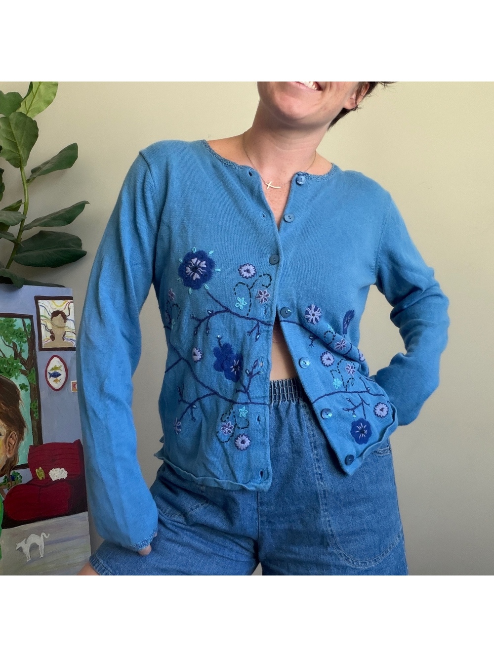 Vintage 90s embroidered cardigan blue